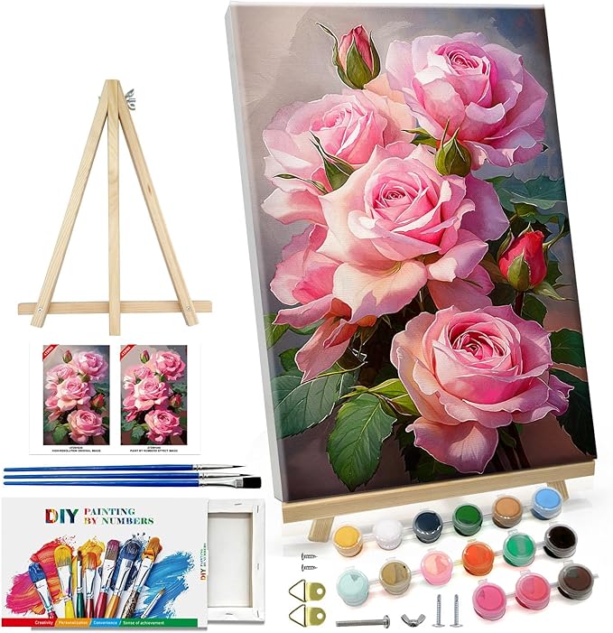 ATDMS Paint by Numbers Kit for Adults with Frame Flowers Paint by Numbers Kit with Easel DIY Adult Paint by Number Kits on Canvas Framed Floral Oil Painting Kits for Home Wall Decor 8x12 Inch