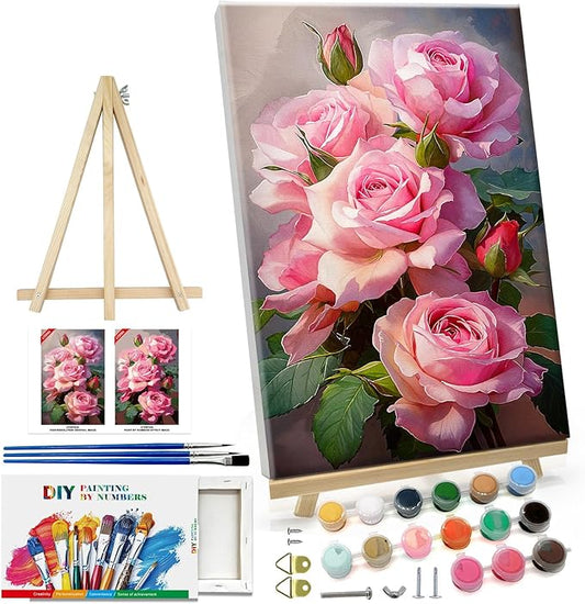 ATDMS Paint by Numbers Kit for Adults with Frame Flowers Paint by Numbers Kit with Easel DIY Adult Paint by Number Kits on Canvas Framed Floral Oil Painting Kits for Home Wall Decor 8x12 Inch