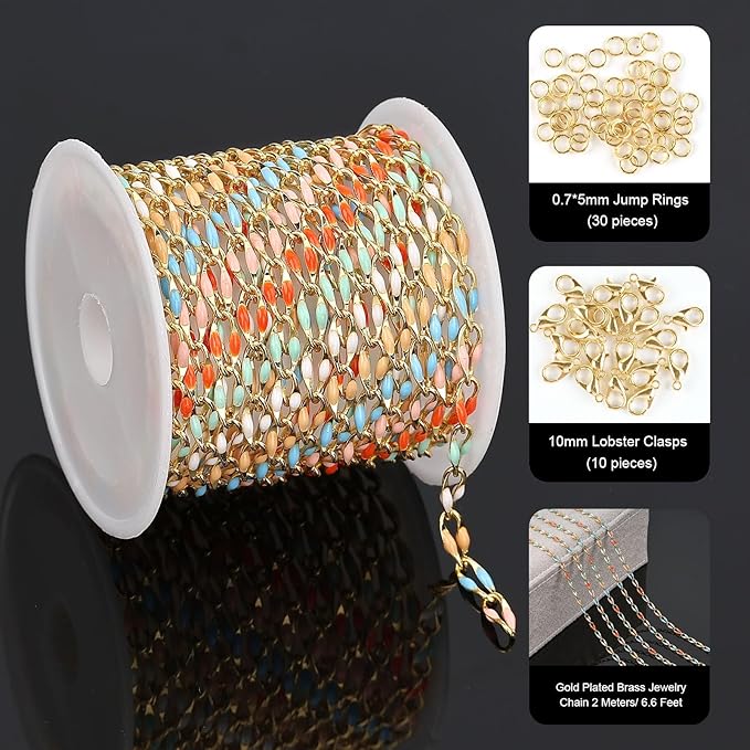YOUBEIYEE 2 Meters Colorful Enamel Chains Bulk Gold Plated Brass Chain for Jewelry Making Supplies