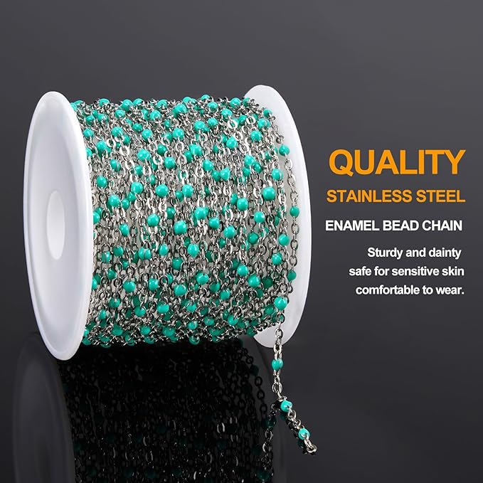 16.4 Feet Thin Stainless Steel Necklace Making Chains Bulk on Spool Turquoise Green Bead Chain for Crafts with Lobster Clasps Jump Ring Jewelry Findings
