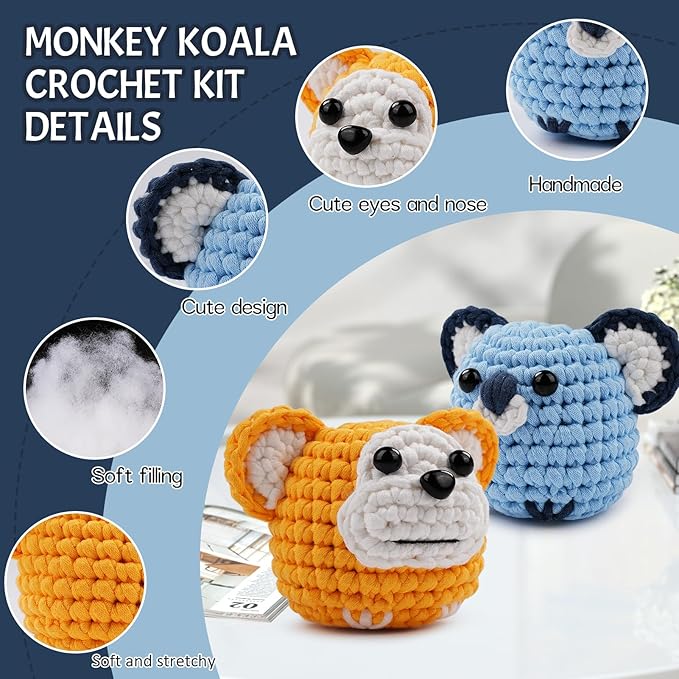 Vanttokeey Crochet Kit for Beginners, Animal Amigurumi Crochet Kits Included, Step-by-Step Video Tutorials, Beginner Crochet Kit for Adults and Kids, DIY Easy Crochet Crafts (Monkey Koala)