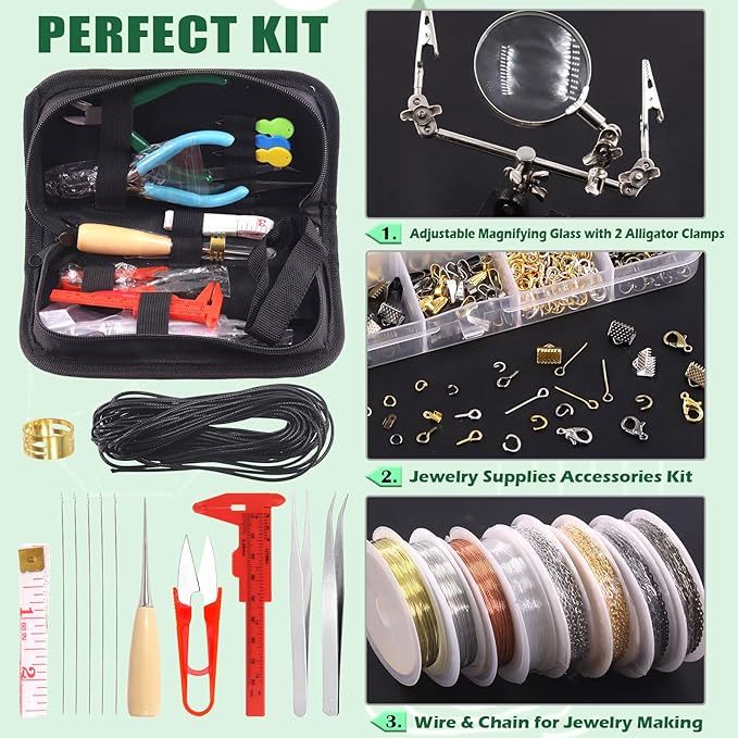 Keadic 1489Pcs Jewelry Making Tools with Findings Set Includes Jewelry Pliers, Cord End, Jump Rings, Lobster Clasps, Beading Wires, Earring Hooks, Screw Eye Pins for Earring Bracket Necklace Making
