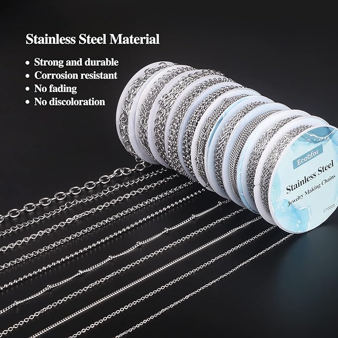 ecoofor necklace chains for jewelry making, 78.7 feet 10 rolls stainless steel jewelry chains for diy necklace bracelet jewelry making with stainless steel jump rings/lobster clasps/connectors