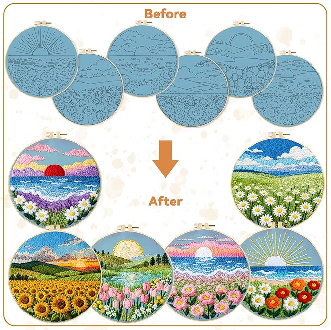 BEUNITONE Spring Landscape Embroidery Kit for Beginners, 6PC Needlepoint Kits with Hoops, Instructions, Threads, Needles, DIY Home Decor Craft for Adults, Creative Hand Embroidery Patterns for Gifts