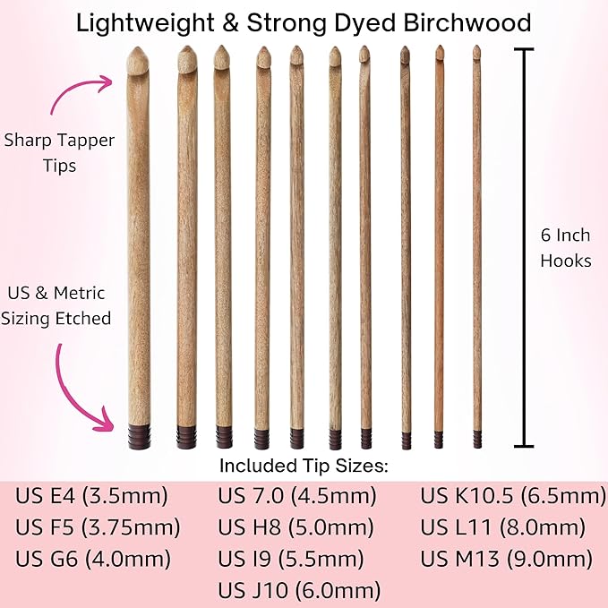 Lykke Umber 6 in. Set Sizes 3.5, 3.75, 4.0, 4.5, 5.0, 5.5, 6.0, 6.5, 8.0, 9mm Crochet Hooks for Sport, Baby, DK, Worsted, Chunky Yarn, Birchwood with Umber DM Case, Project Bag