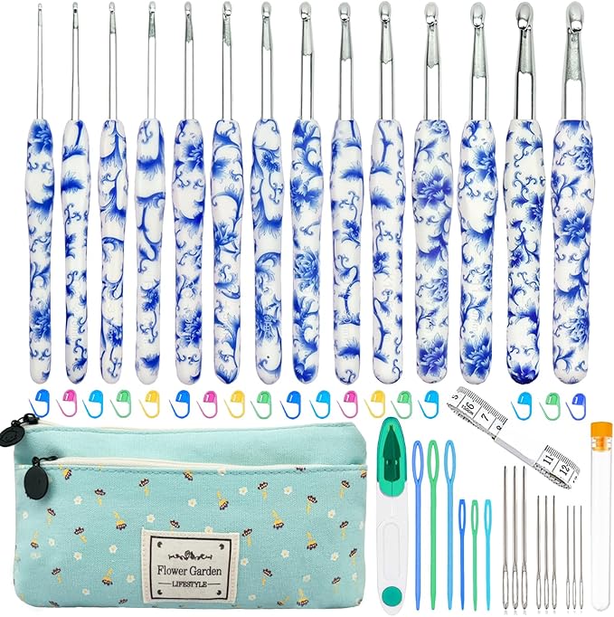 Hobekoee 14 Sizes Crochet Hooks Set,2.25mm(B)-10mm(N) Ergonomic Handle Crochet Hook for Arthritic Hands,Long Crochet Needles Set with Case for Beginners and Enthusiasts