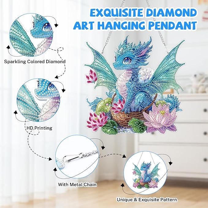 Bowetile Dragon Diamond Art Hanging Kits for Adults, 5D Special Shape Diamond Painting Flowers Pendant Kits, Gem Art Suncatchers Painting Window Ornament for Home Garden Wall Decor