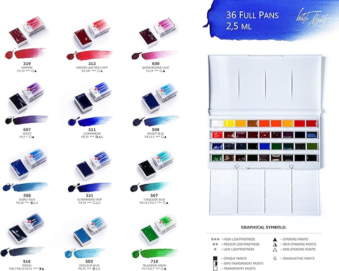 White Nights Professional Watercolor Set 36 Full Pans of Extra Fine Artist Grade Pigments, Vibrant Lightfast Colors in Durable Plastic Box by Nevskaya Palitra