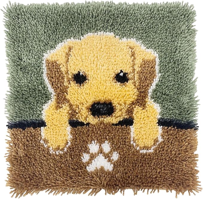 veirousa Labrador Puppy Latch Hook Kits for Adults Kids, Beginners DIY Trow Pillow Kit Pre-Printed Pillowcase Hook and Latch Rug Kits Needlework Cushion Cover for Home Sofa Decoration 17x17 inch