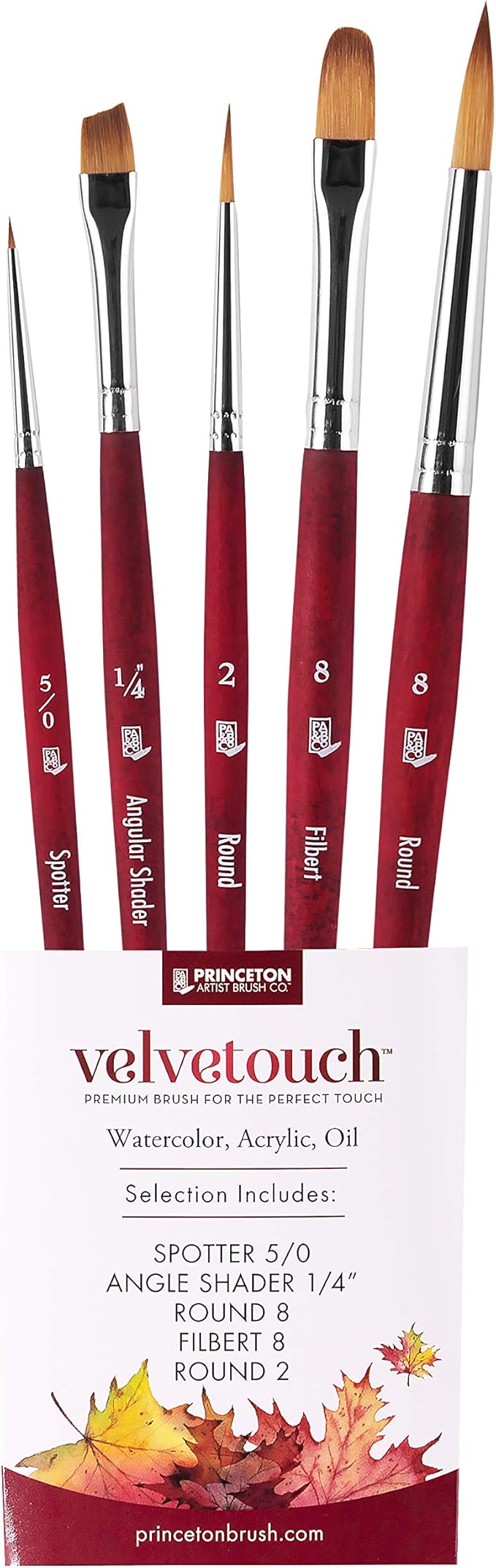 Princeton Velvetouch Series 3950 - 5pc Professional Paint Brushes for Acrylic Painting - Oil, Watercolor & Acrylic Paint Brushes Set - Spotter 5/0, Angle Shader ¼”, Round 8, Filbert 8, Round 2