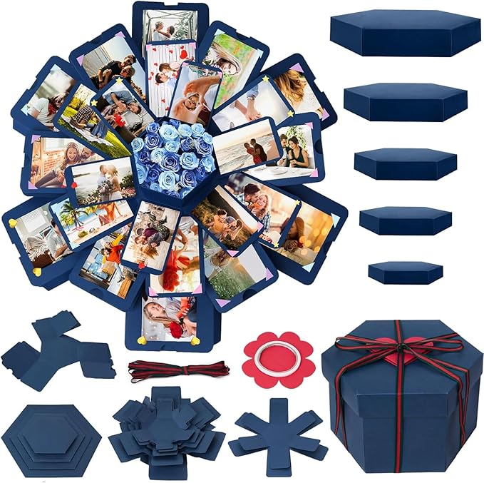 Koogel Explosion Gift Box, Blue Exploding Photo Album Surprise Love Box with DIY Scrapbooking Accessories for Anniversary Birthday Wedding