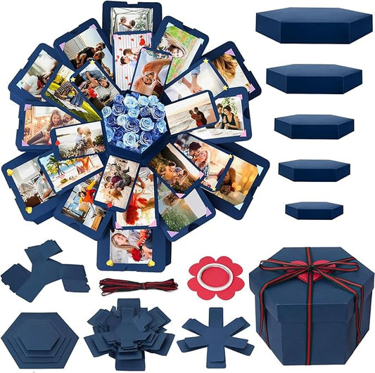 Koogel Explosion Gift Box, Blue Exploding Photo Album Surprise Love Box with DIY Scrapbooking Accessories for Anniversary Birthday Wedding