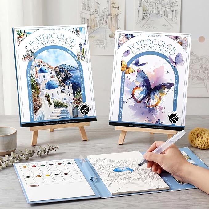 Dunzoom 32 Sheets Watercolor Coloring Book 2 Pack Water Color Workbook Paper Paint Set with 12 Colors Paint Cakes and Brushes for Adults Beginners Art Painting Supplies(Butterfly&Castles)