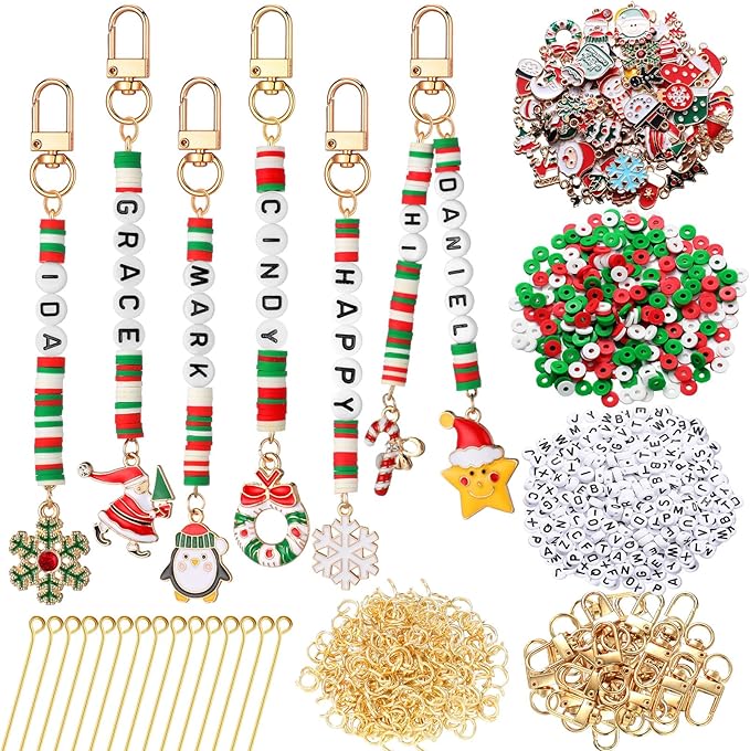 Tondiamo 2823 Pcs Christmas Bead Keychain DIY Craft Making Kit Christmas Key Ring Charms Letters Beads String for Xmas Gift Jewelry Key Ring Backpack Accessories