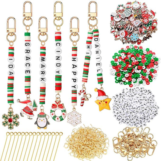 Tondiamo 2823 Pcs Christmas Bead Keychain DIY Craft Making Kit Christmas Key Ring Charms Letters Beads String for Xmas Gift Jewelry Key Ring Backpack Accessories