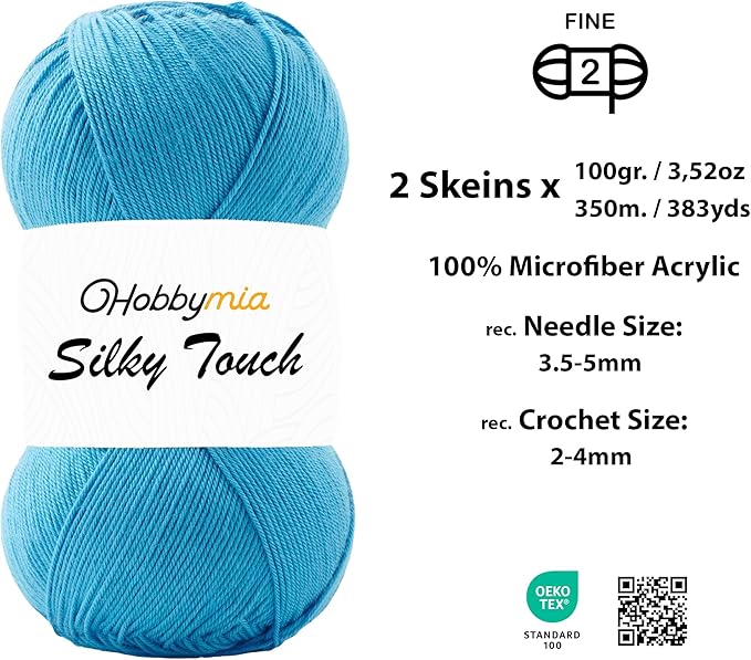 Silky Touch Acrylic Yarn - Soft Sport Weight Yarn for Crochet & Knitting - 100g / 383yds - 100% Microfiber Acrylic - Lightweight Fine Smooth Yarn(Blue - Turquoise, 2 Skeins)
