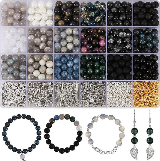glass beads for jewelry making, 18 colors glass beads for bracelets making kit including 2-8mm bead spacers/lava beads/stone rock diy jewelry making supplies for adults (thanksgiving, christmas)