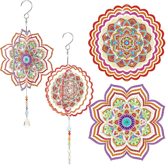 Queekay 2 Pieces 3D Diamond Painting Wind Chime Diamond Art Suncatcher Kits Three Dimensional by Number Hanging Ornament Double Sided Crystal Suncatcher Window Decor for Home Wall Garden (Flower)