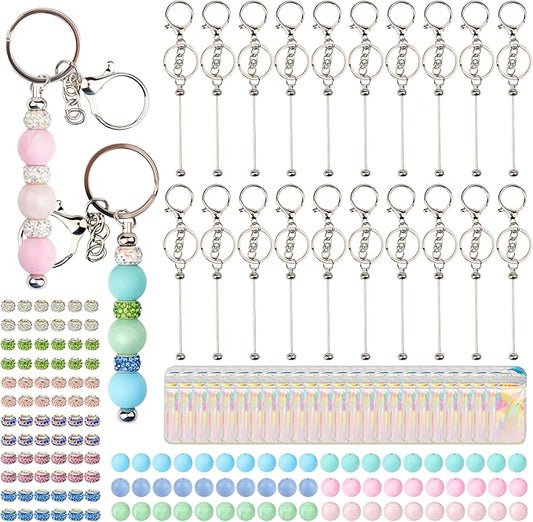 160pcs Beadable Keychains Set Bulk for Keychain Making Kit with Beadable Keychain Bar Silicone Beads Spacer Beads Gifts for Women Men DIY Crafts