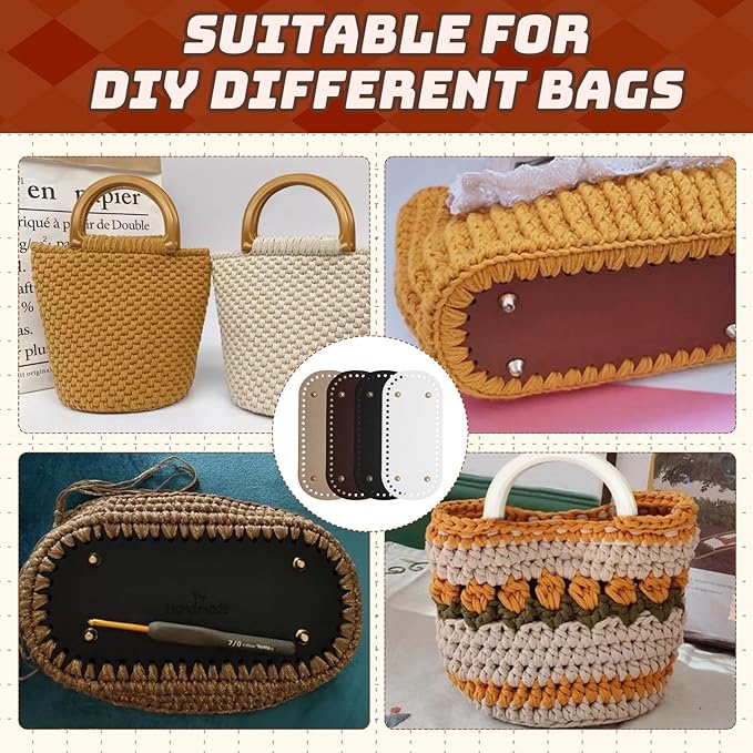 Zorfeter 4 Pack Bag Bases with 2 PCS Crochet Hook 8 PCS D Shape Purse Handles, 8.7x4" PU Leather Crochet Bottoms Leather Purse Bottoms for DIY Bag Making/Crochet Enthusiasts