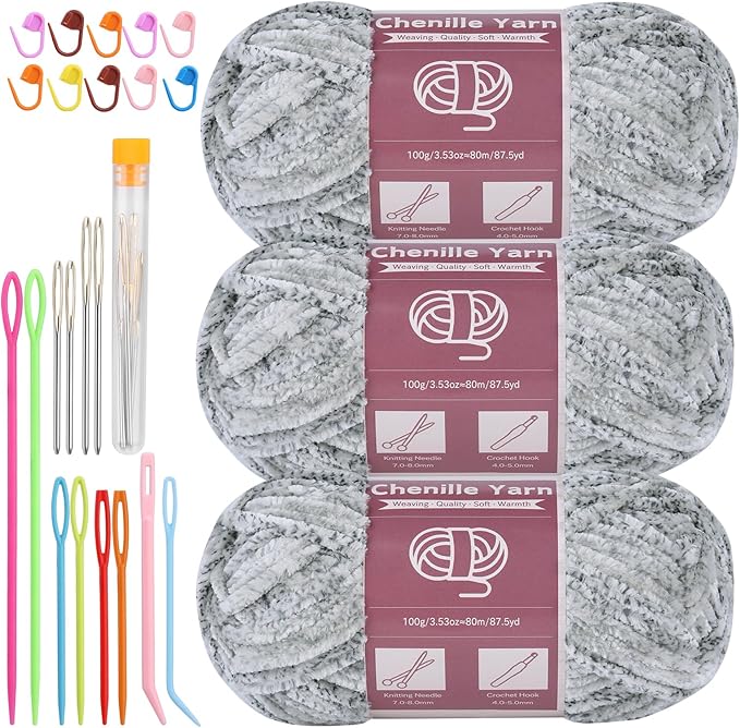 LUNARM Chenille Yarn for Crocheting Knitting, 3 Skein 10.58 oz / 263 Yard Thick Soft Chunky Fluffy Weaving Plush Yarn for Blankets Clothes Pattern with Big Eye Needles(Gray Ink Gradient)