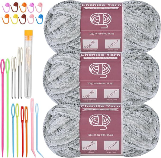 LUNARM Chenille Yarn for Crocheting Knitting, 3 Skein 10.58 oz / 263 Yard Thick Soft Chunky Fluffy Weaving Plush Yarn for Blankets Clothes Pattern with Big Eye Needles(Gray Ink Gradient)