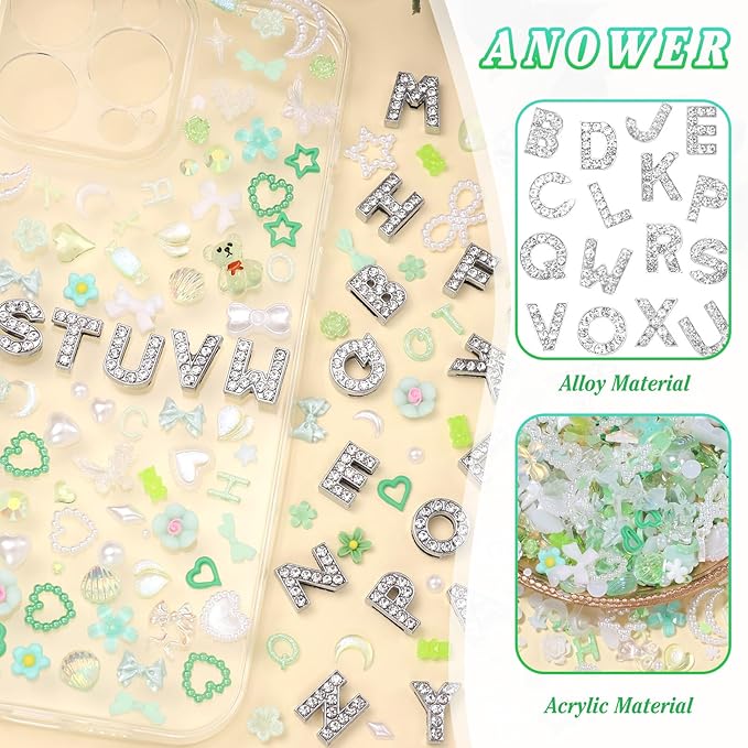330 Pcs Green Junk Phone Case Charms 26 Pcs A-Z Rhinestone Alphabet Letter Charms, Mix Flower Bow Heart Pearls Flatback Resin Charms Letter Junk Cases Kit for DIY Crafts