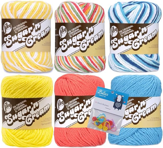 Lily Sugar'n Cream 100% Cotton Yarn 6-Pack Bundle with Bella's Crafts Stitch Markers (Summer Fun)
