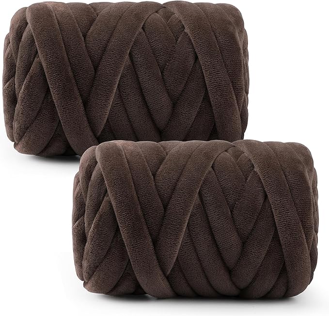 Chunky Yarn for Hand Knitting & Arm Knitting - 2-Pack Value Bundle (1.32lb Total) of Super Bulky Velvet Chenille Tube Yarn for Larger DIY Projects | No-Tool, Machine Washable, Dark Brown