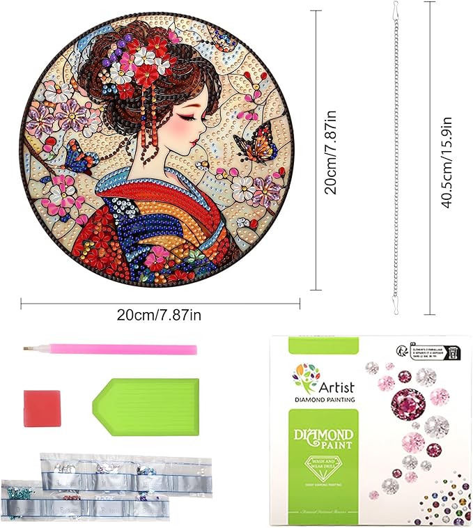 Lxmsja DIY Stained Glass Japanese Diamond Painting Hanging Ornament, Double-Sided Acrylic Geisha Kimono Diamond Art Kit, Special Shaped Suncatcher Hanging Pendant Window Art Kit
