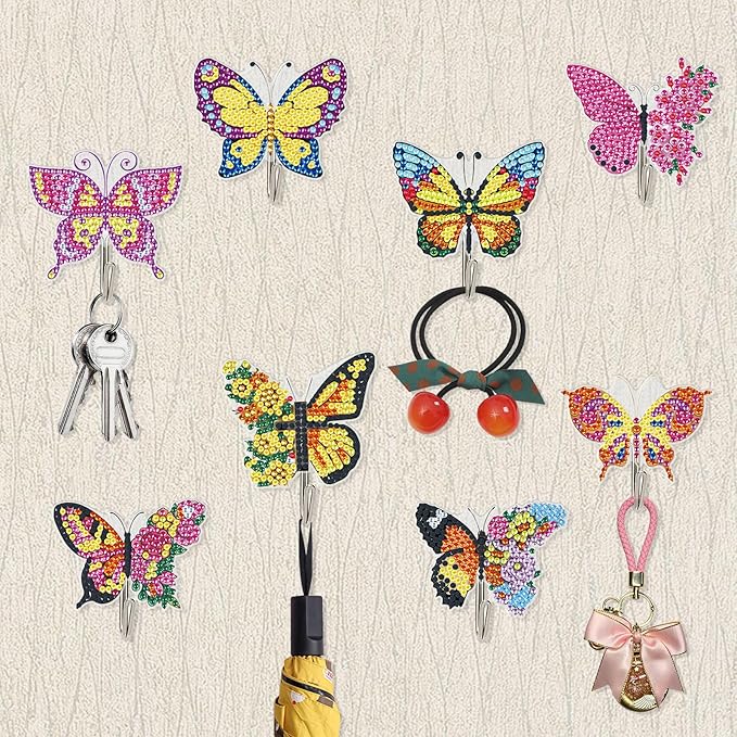 antor 8 Pack Butterfly Diamond Art Hooks, DIY Crystal Rhinestone Diamond Painting Wall Hangers Kit for Adults, Traceless Adhesive Hooks for Keys, Towels, Bags, Kitchen & Room Decor