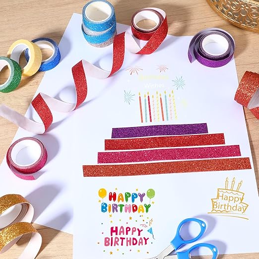 Vin Beauty Glitter Washi Tape Set 12 Rolls Colored Decorative Tape Set, Sparkle Metallic Washi Tapes Adhesive Washintape for Art, Scrapbook DIY Craft Projects Gift Wrapping Decor & Crafts