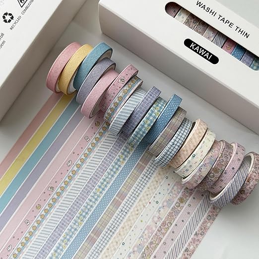 YUBX Vintage Washi Tape Set 20 Rolls Skinny Retro Decorative Antique Patterns Masking Tapes for Arts, DIY Crafts, Journals, Planners, Scrapbook, Wrapping (Kawaii)