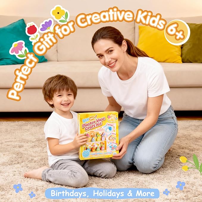 DIY Mini Plaster Flower Vase Craft Kit – 3D Painting & Flower Arranging Toy for Kids – Creative Arts and Crafts Set for Girls Ages 3-8, Preschool Art Gift