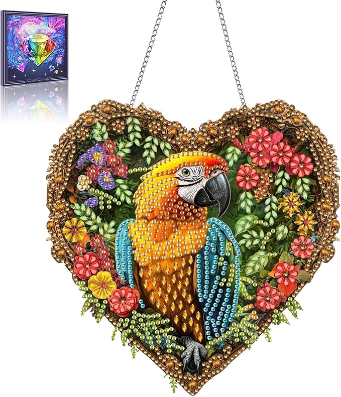 Wergund 5D DIY Parrot Diamond Art Hanging Kits, Hanging Diamond Art Animal, Acrylic Special Shaped Rhinestone, Window Hanging Pendants for Home Wall Garden Front Door Outdoor Decor Gift(Parrot)
