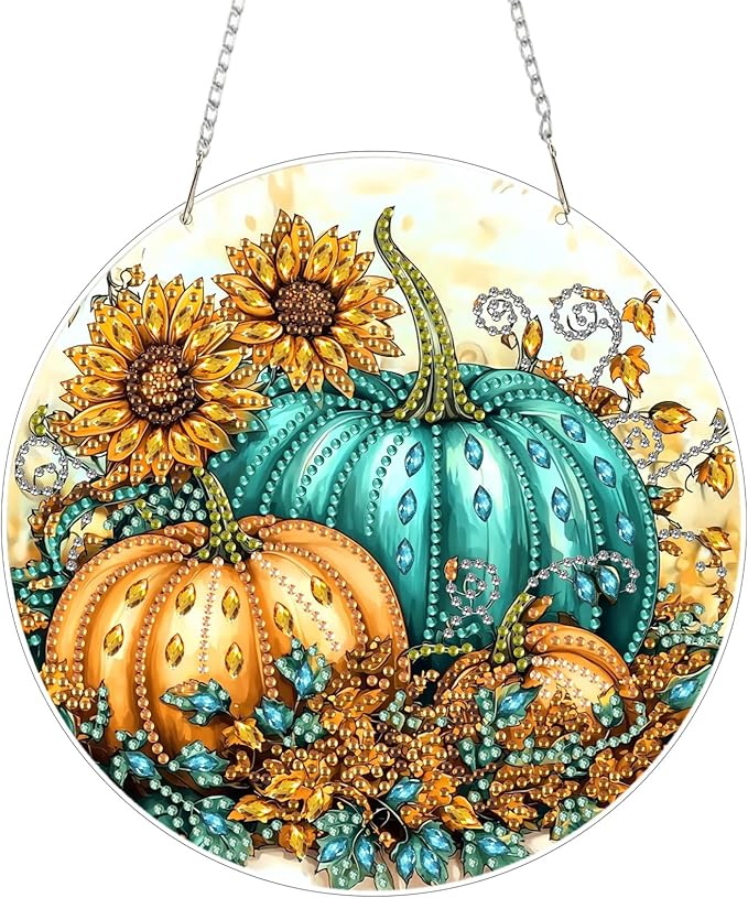 SENQAO Pumpkin Fall Diamond Art Hanging Kits for Adults Kids, Acrylic Diamonds Painting Pendant Board Kits Flower, Diamond Art Painting Window Pendants Home Garden Wall Hanging Kits Hanging Ornament