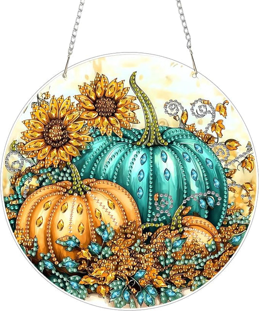 SENQAO Pumpkin Fall Diamond Art Hanging Kits for Adults Kids, Acrylic Diamonds Painting Pendant Board Kits Flower, Diamond Art Painting Window Pendants Home Garden Wall Hanging Kits Hanging Ornament