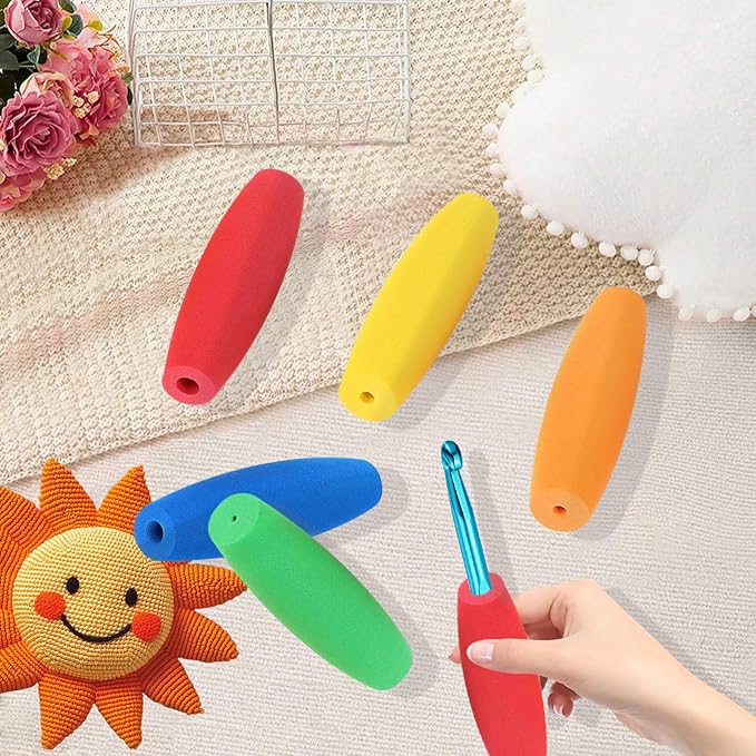 HEYLEAYAR Multicolor Crochet Hooks Grips Set, 5Pcs Ergonomic Crochet Hook Handle, Multi-Size Foam Grip Handle Crochet Accessories Fits 2mm to 10mm Crochet Needles