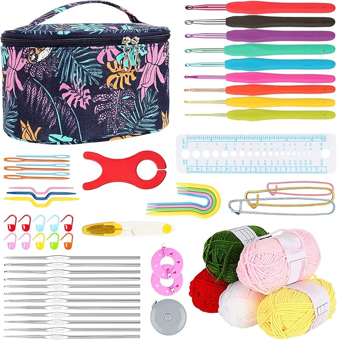 aeelike crochet kit for beginners adults, full crochet starter set with yarn, include 9pcs ergonomic crochet hooks 2.0-6.0 mm, 12pcs lace crochet hooks 0.6-1.9 mm, portable crochet hook set with case