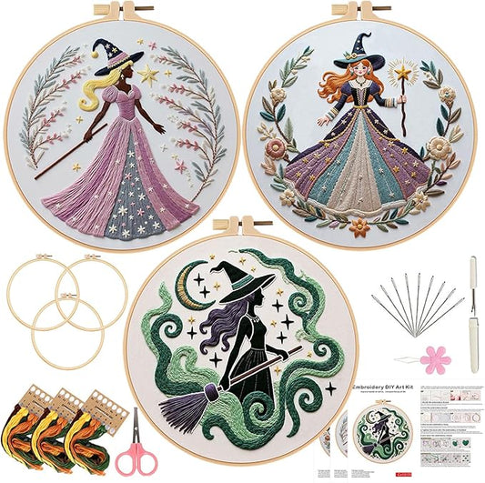 Embroidery Kit for Adults, Pre-Stamped Pattern Embroidery Kit for Beginners, DIY Hand Needlepoint Starter Kit with Hoop Thread Needle Instruction, 6.3'' Hoop (Witch 3 Packs)
