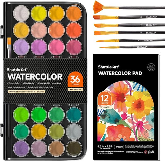 Shuttle Art 43 Pack Watercolor Paint Set, 36 Colors Watercolor Paint Pan Set with 6 Brushes and 1 Watercolor Pad for Beginners, Artists, Kids & Adults Watercolor Painting, Bullet Journal, Calligraphy