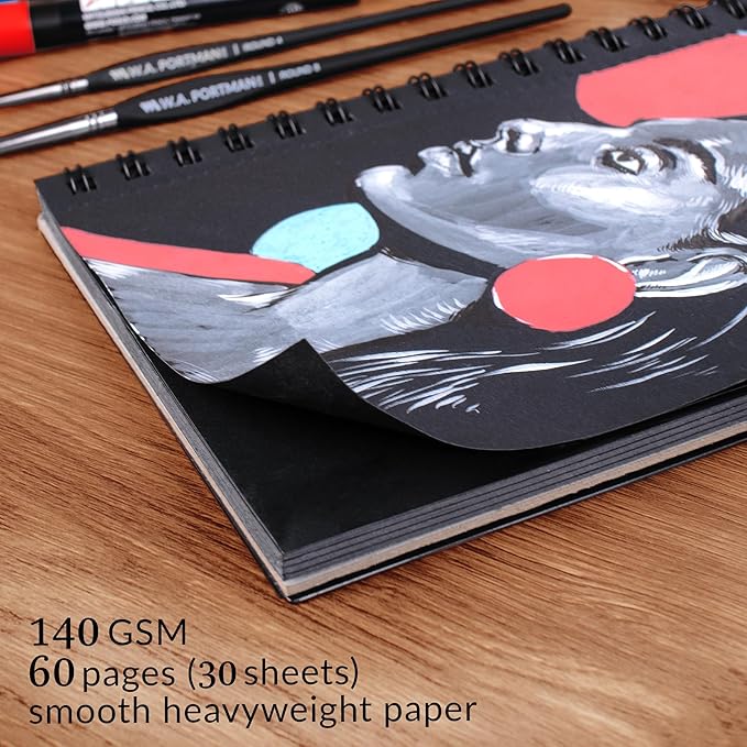 wa portman black paper sketchbook a5 (6" x 8.25") – 140 gsm acid-free black sketchbook for drawing – 60 pages (30 sheets) drawing pad journal – mixed media sketch pad for kids & adults