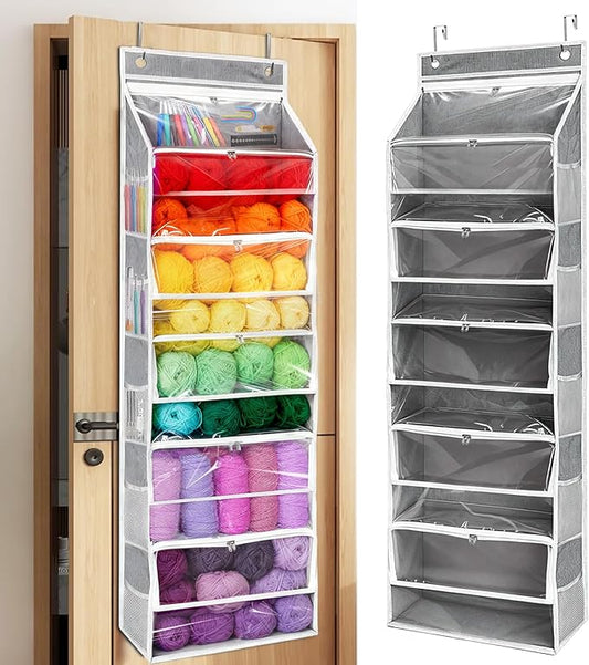 Hanging Yarn Storage Organizer, Large Capacity Over the Door Yarn Organizer with 6 Clear Zipper Pockets 10 Mesh Side Bags, Hanging Yarn Holder Knitting Storage Bag for Crochet Hooks, Grey