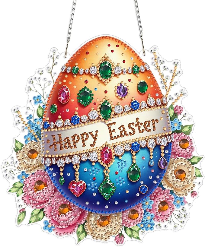 MEIYUDA Easter Egg Diamond Art Hanging Kits for Adult, Happy Easter Diamond Painting Hanging Kits Ornaments, DIY Special Shaped Rhinestone Window Pendants kit for Home Garden Wall Decor Gift