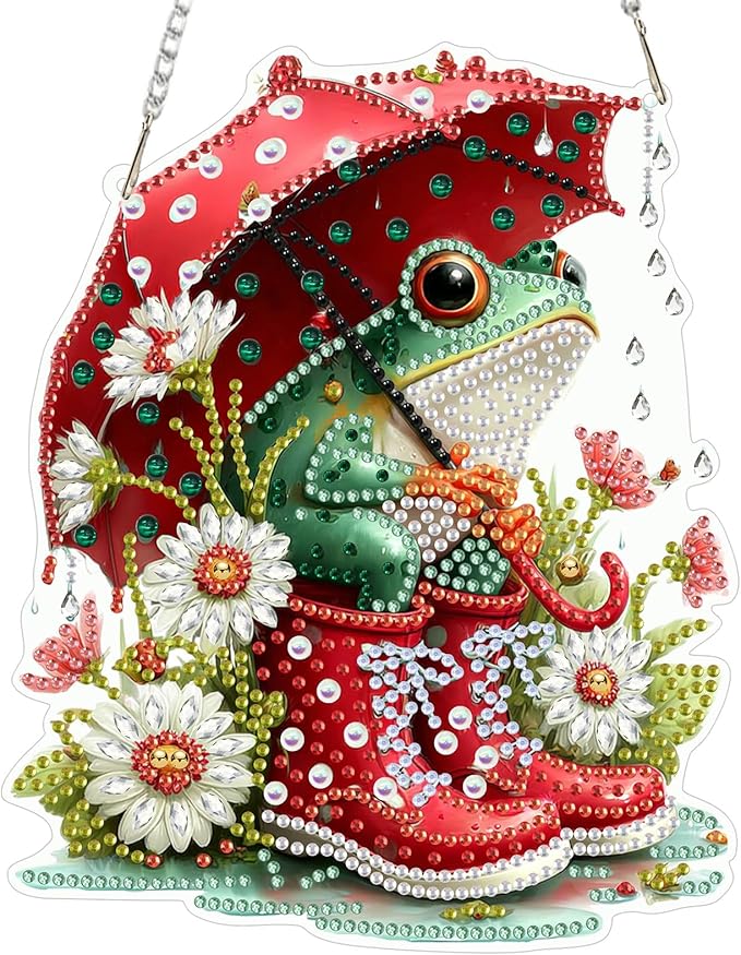 NEWENMO Diamond Art Kit for Adult, Cute Frog, Diamond Art Painting Double Sided Window Pendants for Home Garden Wall Hanging, DIY Special Shaped Gem Hanging Ornaments, Frog with Umbrella