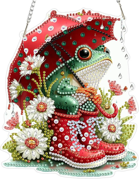 NEWENMO Diamond Art Kit for Adult, Cute Frog, Diamond Art Painting Double Sided Window Pendants for Home Garden Wall Hanging, DIY Special Shaped Gem Hanging Ornaments, Frog with Umbrella