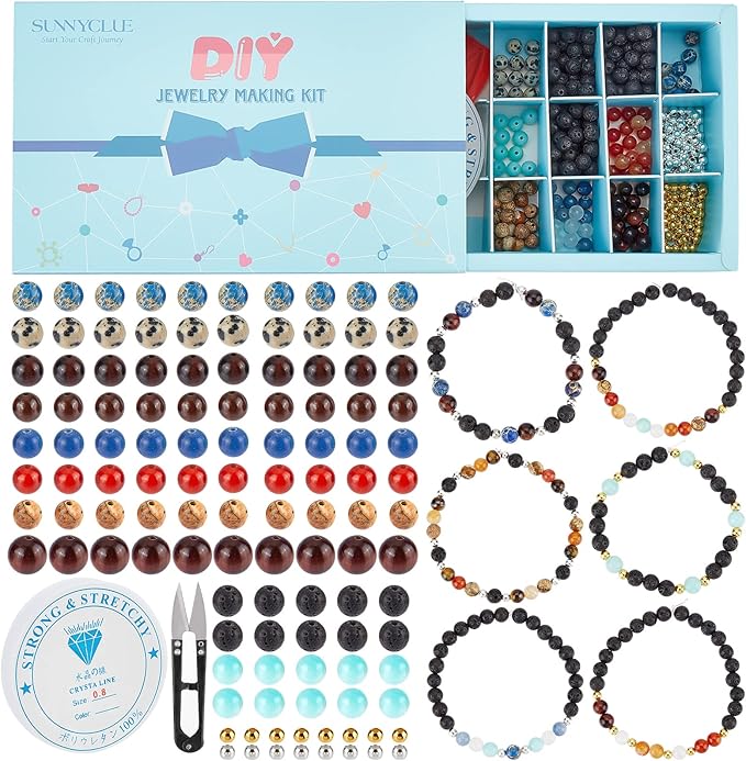 SUNNYCLUE 1 Box Solar System Planet Bead Natural Gemstone Beads 6mm Bulk Multilayer Beading Bracelet Making Kit Lava Rock Loose for Jewelry Making Universe Galaxy Sewing Scissors