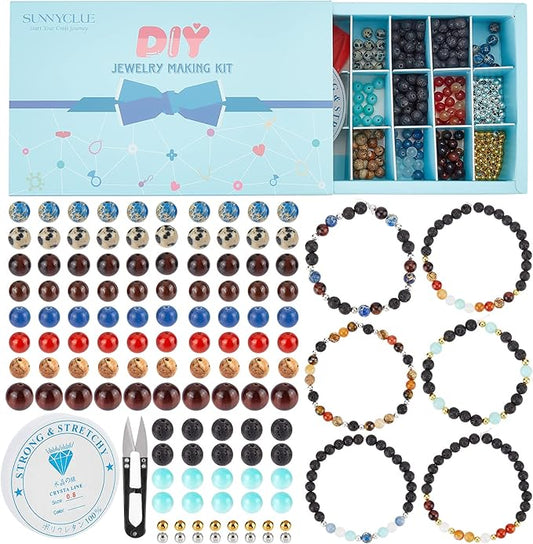 SUNNYCLUE 1 Box Solar System Planet Bead Natural Gemstone Beads 6mm Bulk Multilayer Beading Bracelet Making Kit Lava Rock Loose for Jewelry Making Universe Galaxy Sewing Scissors