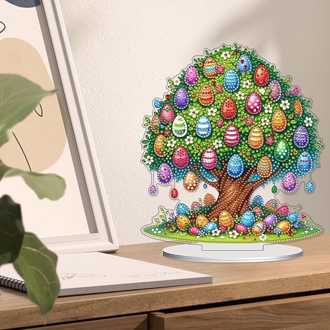 VODAPYC Easter Diamond Art Tabletop, DIY Stand Up Double Sided Special Shaped Partial Diamond Art Desktop Ornaments for Home Decor(Easter Egg Tree of Life)