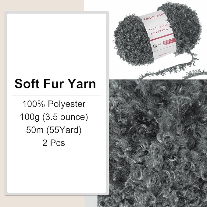 MECCANIXITY 2 Skeins Fur Yarn Soft Fluffy Chunky Yarn Fuzzy Eyelash Yarn Dark Gray for Crocheting Knit Clothes Bag - 55Yard/50m, 3.26ozx2